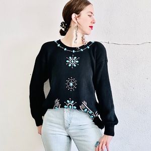 80s VTG Black Sweater Cotton Southwestern Turquoise Silver Studded Long Sleeve